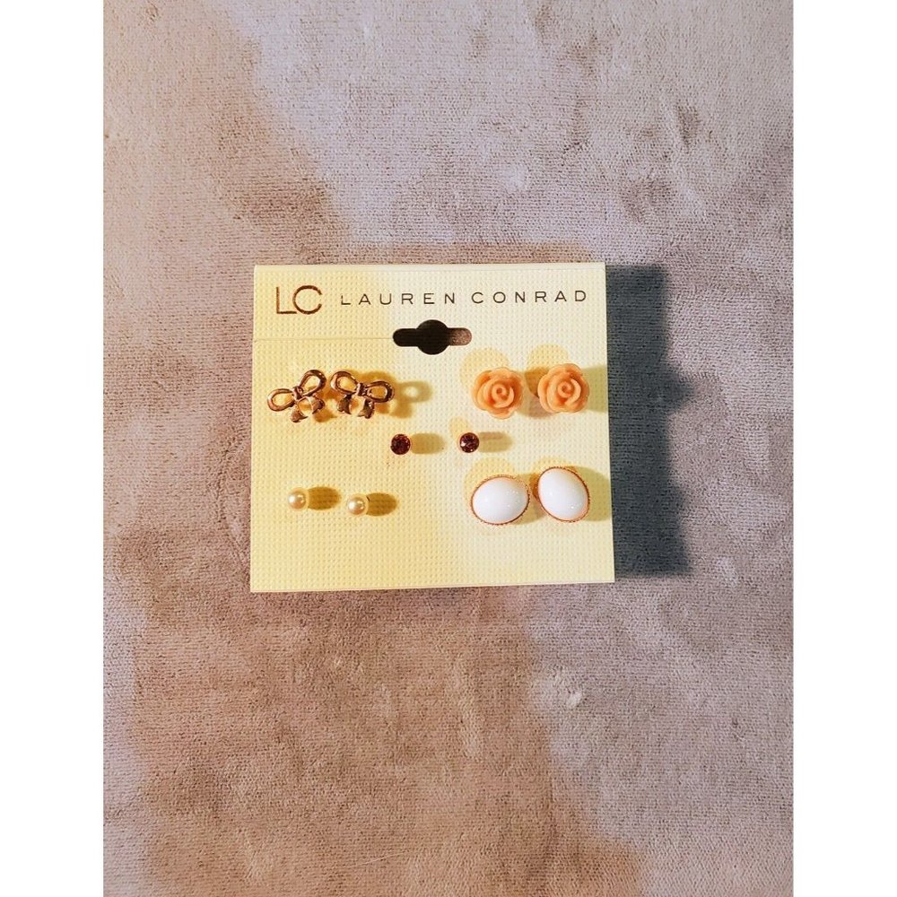LC Lauren Conrad Stud Earrings 5 Pairs Dainty Pink Gold Tone NEW - Picture 4 of 5
